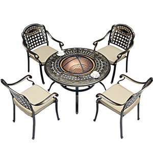 Luxury 4-Person 42'' Outdoor Fire Pit Table Charcoal Aluminum Dining Set Garden Round BBQ Table Grill and Chairs