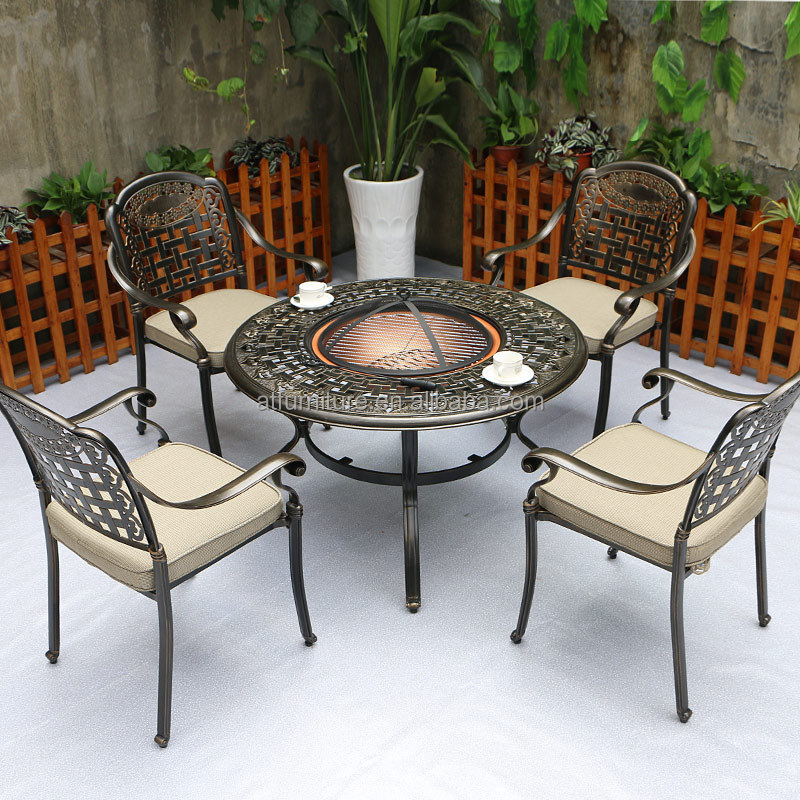 Luxury 4-Person 42'' Outdoor Fire Pit Table Charcoal Aluminum Dining Set Garden Round BBQ Table Grill and Chairs