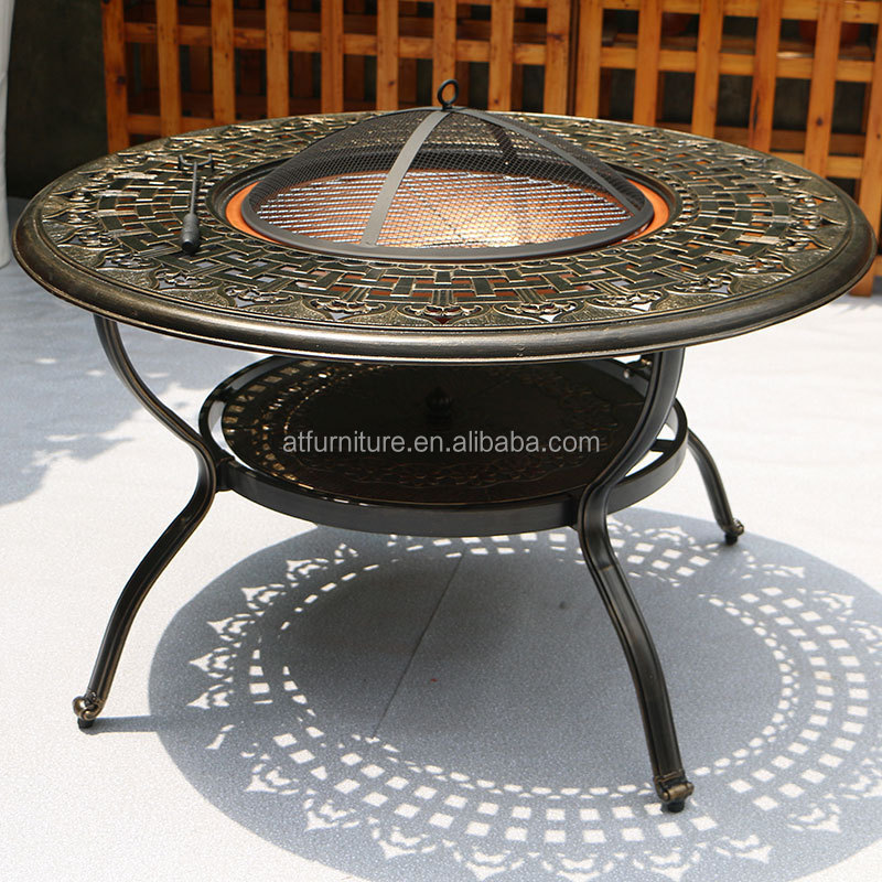 Luxury 4-Person 42'' Outdoor Fire Pit Table Charcoal Aluminum Dining Set Garden Round BBQ Table Grill and Chairs