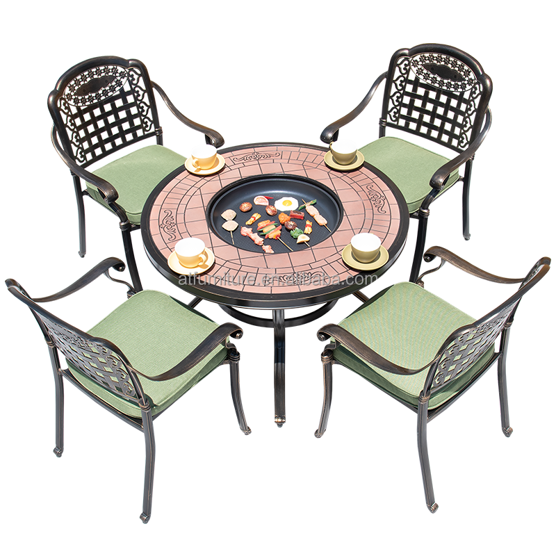 Patio 5 Piece Outdoor BBQ Dinning Table 4 Chairs Gas Fire Set Cast Aluminum Outdoor Furniture for Garden