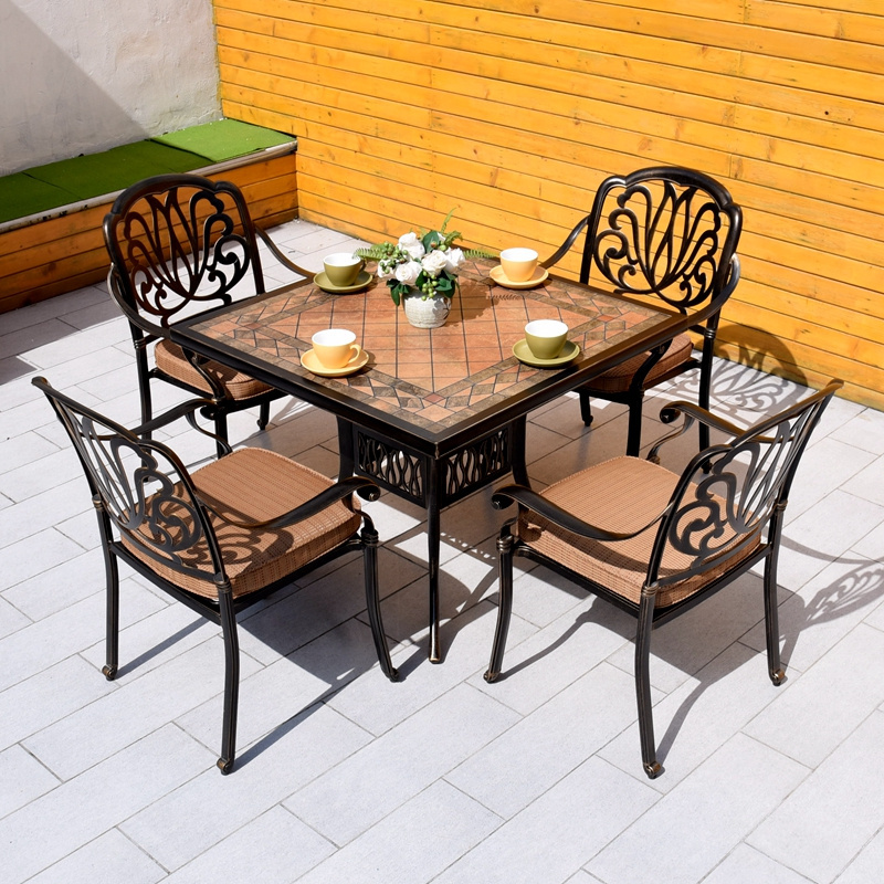 Custom Outdoor Cast Aluminum Patio Furniture 5PCS Dining Sets with Ceramic Tile Table Top for Backyard Garden