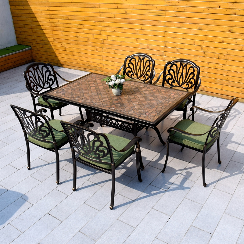 Custom Outdoor Cast Aluminum Patio Furniture 5PCS Dining Sets with Ceramic Tile Table Top for Backyard Garden