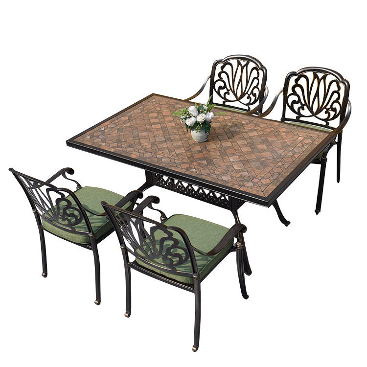 Custom Outdoor Cast Aluminum Patio Furniture 5PCS Dining Sets with Ceramic Tile Table Top for Backyard Garden