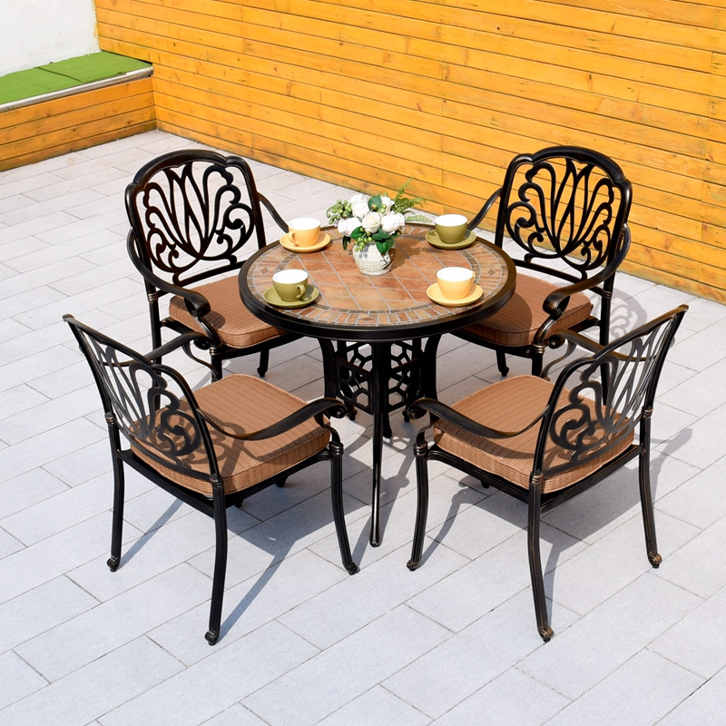 Custom Outdoor Cast Aluminum Patio Furniture 5PCS Dining Sets with Ceramic Tile Table Top for Backyard Garden