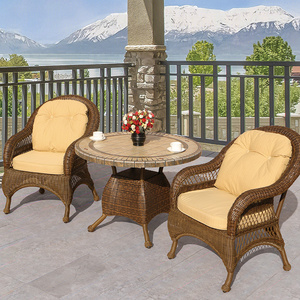 Outdoor 3 Piece Patio Furniture Bistro Set of Pe Rattan Wicker Chairs with Round Table Ceramic Tile Tabletop