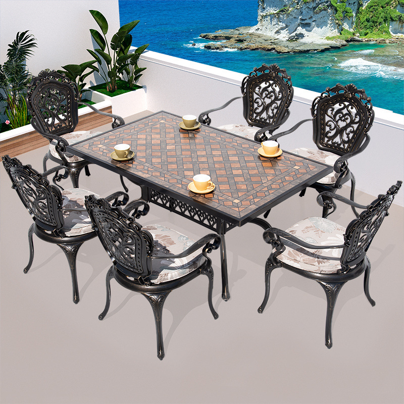 Outdoor Garden Balcony 7 Piece Rust-Free Cast Aluminum Patio Furniture Rectangular Dining Table Set For 6 Seater