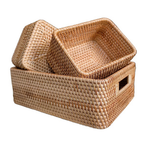 OEM Set 3 Rattan Natural Storage Baskets for Organizing Rattan Storage Baskets Woven Baskets for Storage with Carrying Handles