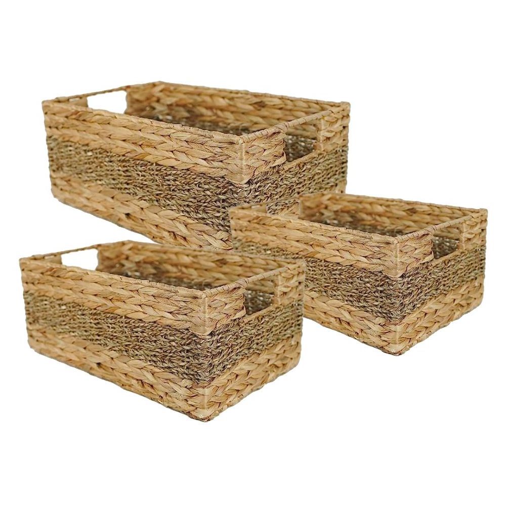 Set of Water Hyacinth Pantry Rectangle Basket Natural Woven Kitchen Organizer Closet Storage Cubes - Fruit Toy Storage