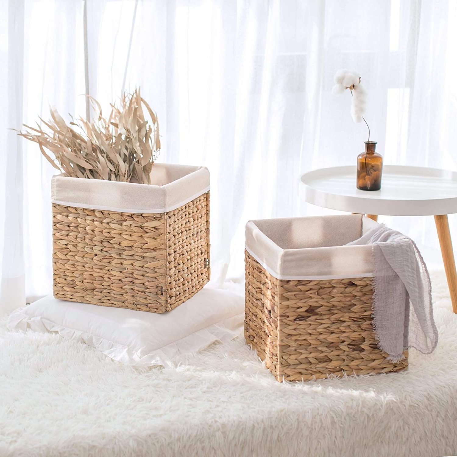 Hot selling Water Hyacinth Storage Baskets for Organizing Wicker Baskets for Storage with Liners Woven Wicker Storage Cubes