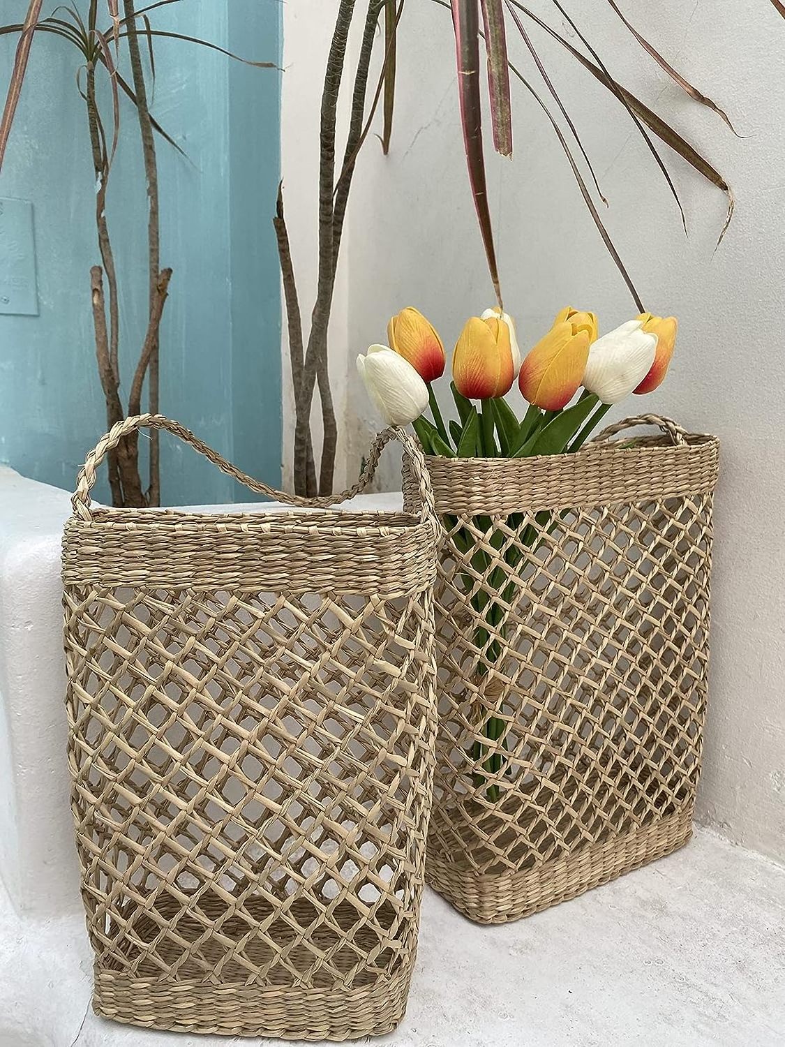 Artisan-Crafted Decorative Seagrass Wall Hanging Baskets: Small Farmhouse Boho Wicker Basket Wall Decor, Flowers and Front Doors