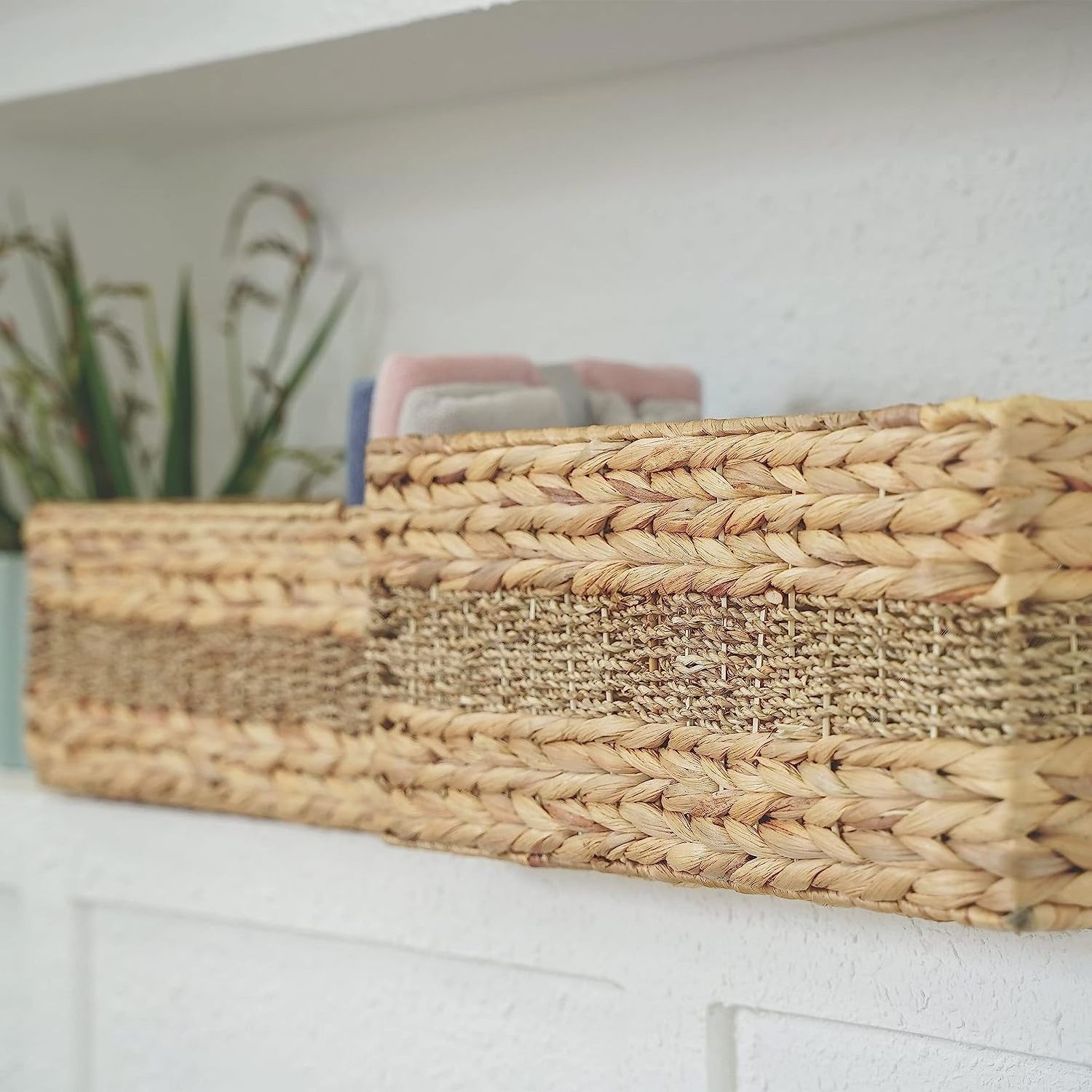 Set of Water Hyacinth Pantry Rectangle Basket Natural Woven Kitchen Organizer Closet Storage Cubes - Fruit Toy Storage