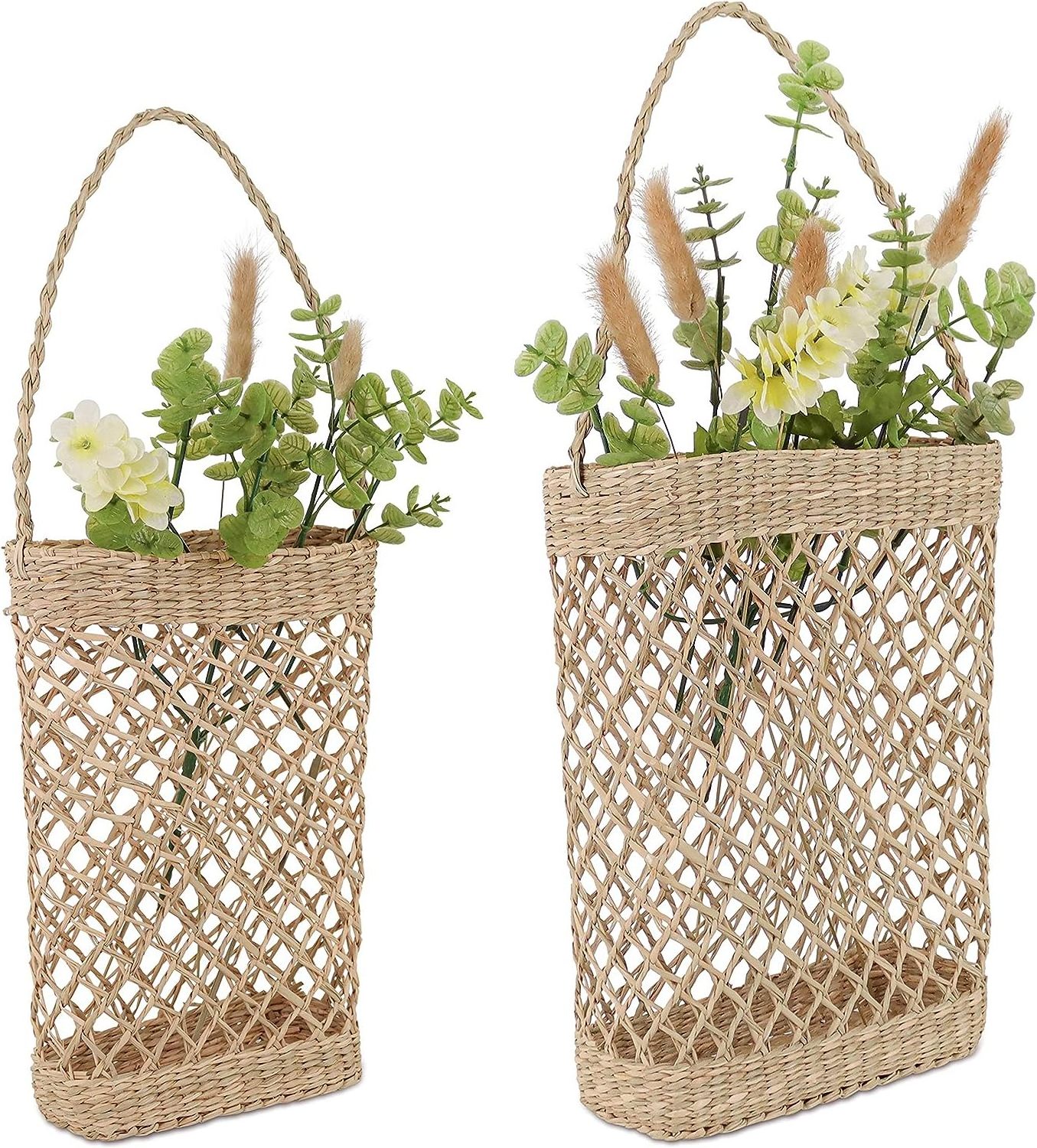 Artisan-Crafted Decorative Seagrass Wall Hanging Baskets: Small Farmhouse Boho Wicker Basket Wall Decor, Flowers and Front Doors