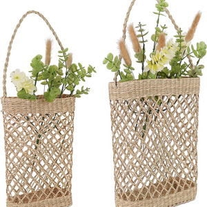 Artisan-Crafted Decorative Seagrass Wall Hanging Baskets: Small Farmhouse Boho Wicker Basket Wall Decor, Flowers and Front Doors