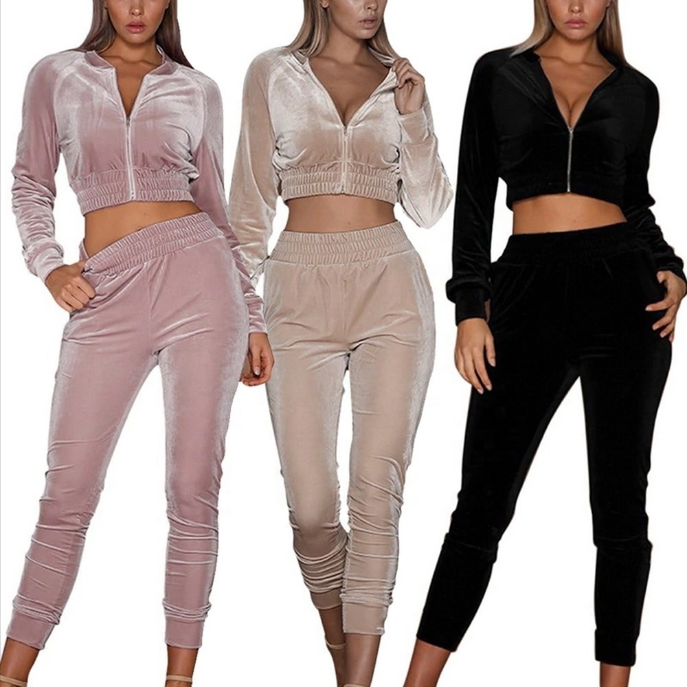 Velvet Customize Tracksuits| Wholesale Velour jogging bottom Women Tracksuits