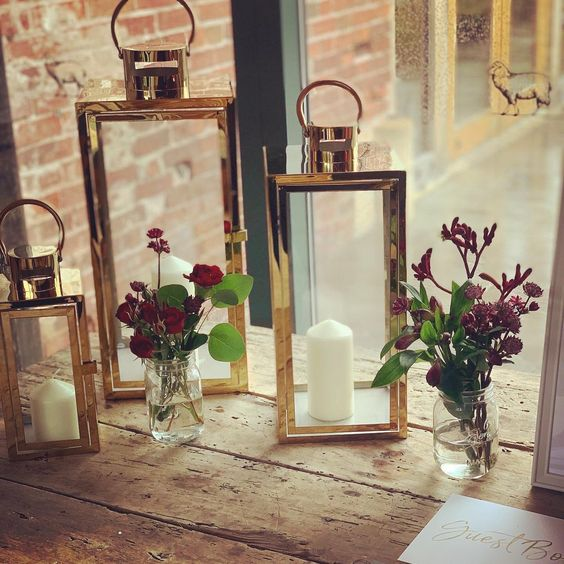 Set of 3 Gold Assorted Sizes Tall Metal Hanging Lanterns with Clear Glass Panels for Parties & Events