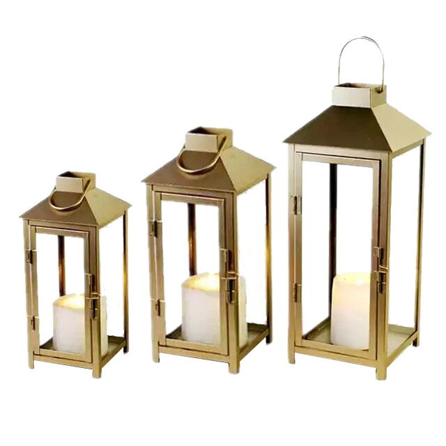 Set of 3 Home Decor Graceful Gold Candle Lanterns Metal for Centerpiece Wedding Decoration