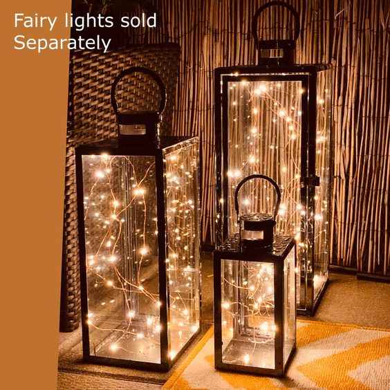 Set of 3 Gold Assorted Sizes Tall Metal Hanging Lanterns with Clear Glass Panels for Parties & Events