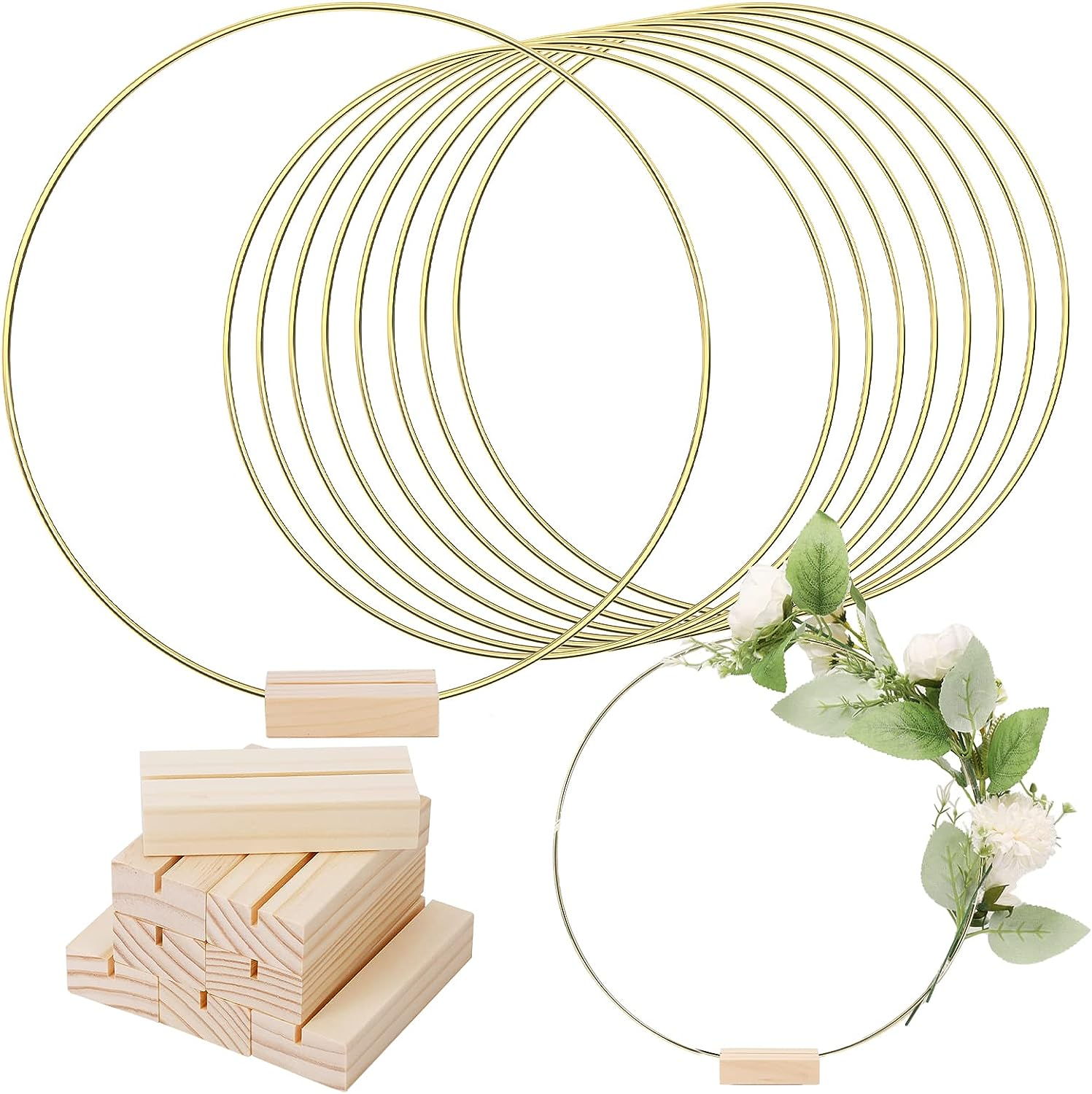 Wreath Macrame Gold Hoop Rings with 10 PCS Wooden Holders Stand for DIY Festivals Decorations