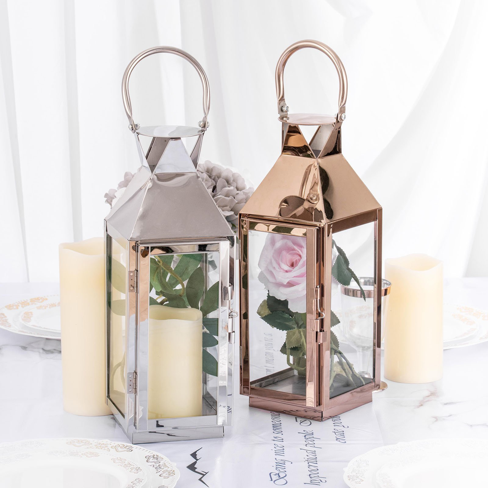 Tall Outdoor Decorative Gold Metal Candle Lanterns Set