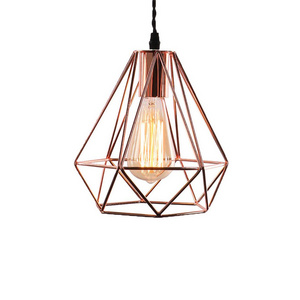 Industrial Metal Diamond Shape Ceiling  Lamp Retro Copper Iron Wire Cage Geometric Pendant Light for Indoor Lighting