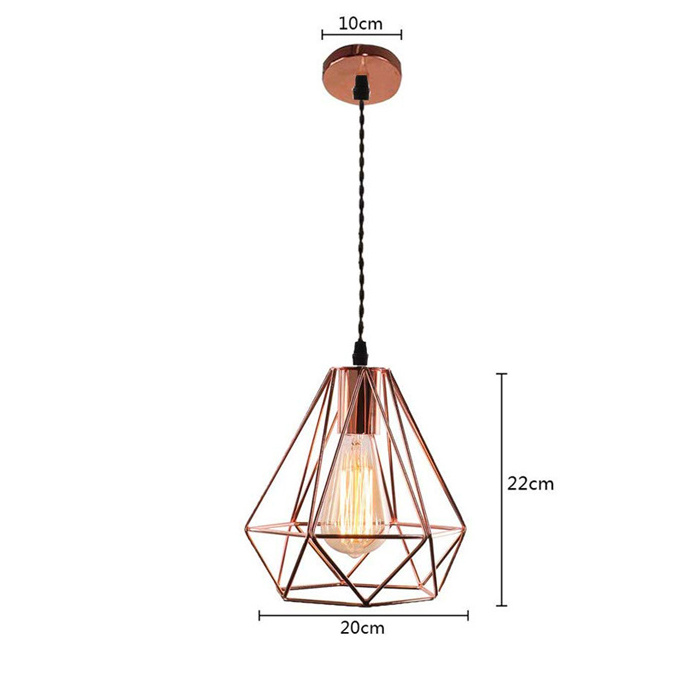 Industrial Metal Diamond Shape Ceiling  Lamp Retro Copper Iron Wire Cage Geometric Pendant Light for Indoor Lighting