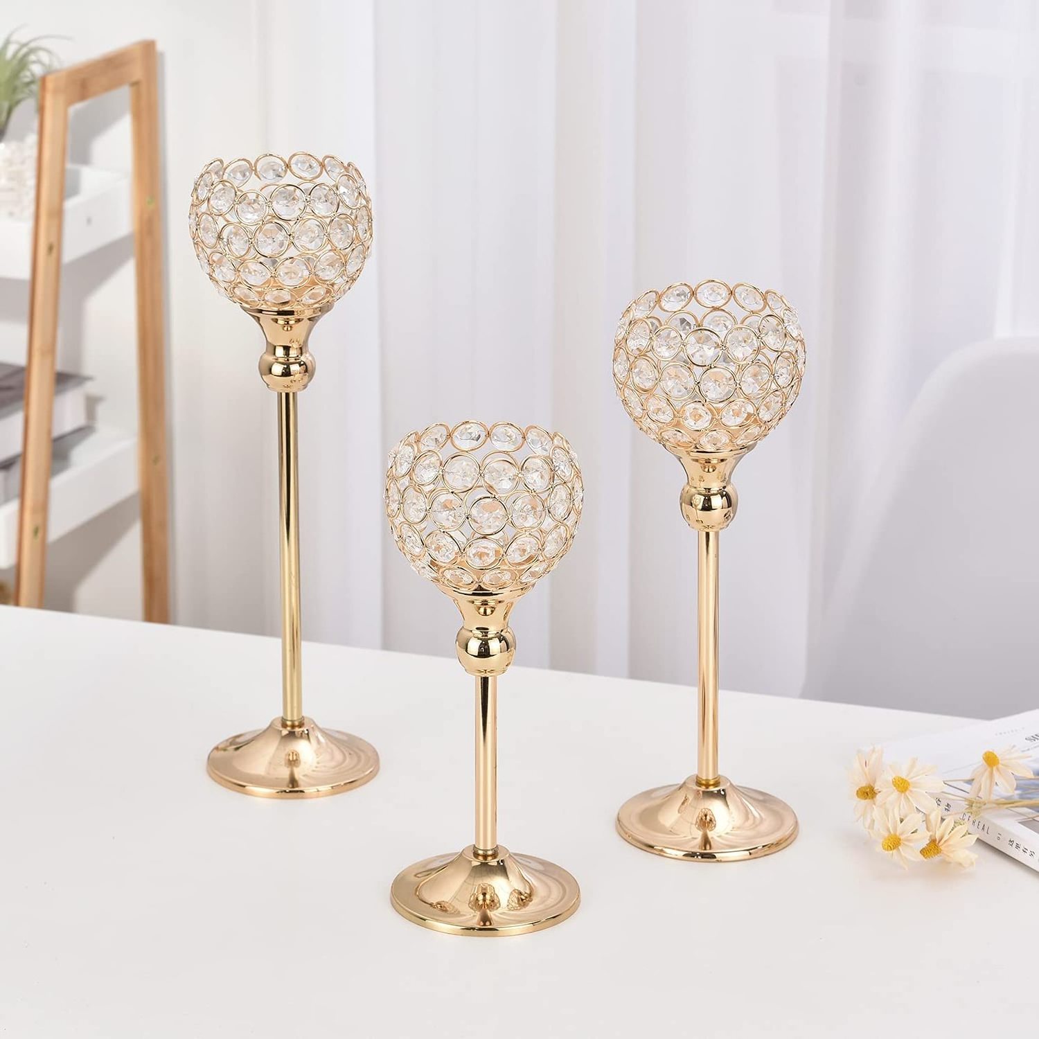 Home Decorative Pillar Tall Gold Wedding Table Centerpieces Crystal Candle Holders