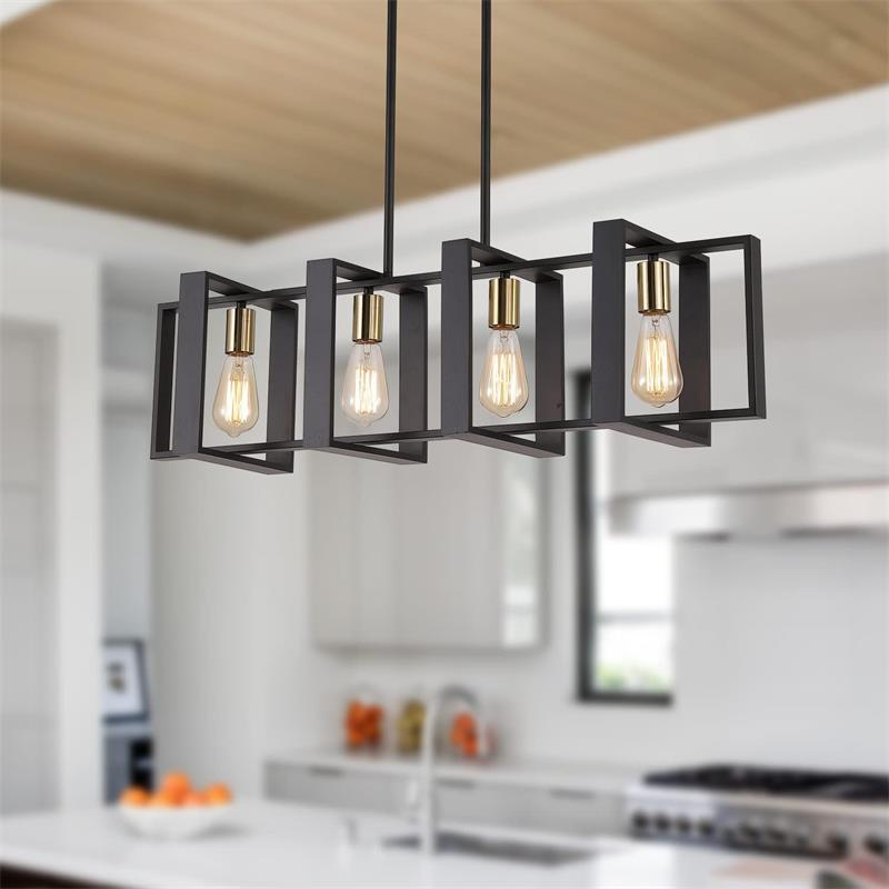 Kitchen Island Retractable Pendant Lighting 4 - Light  Black Lantern Metal Farmhouse Chandelier Lighting