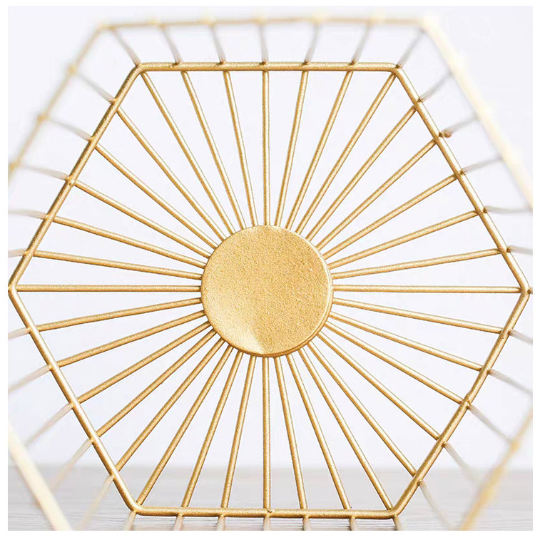 Gold Iron Wire Line Hexagon Shape Home Accessories Table Storage Rack Geometric Candle Holder