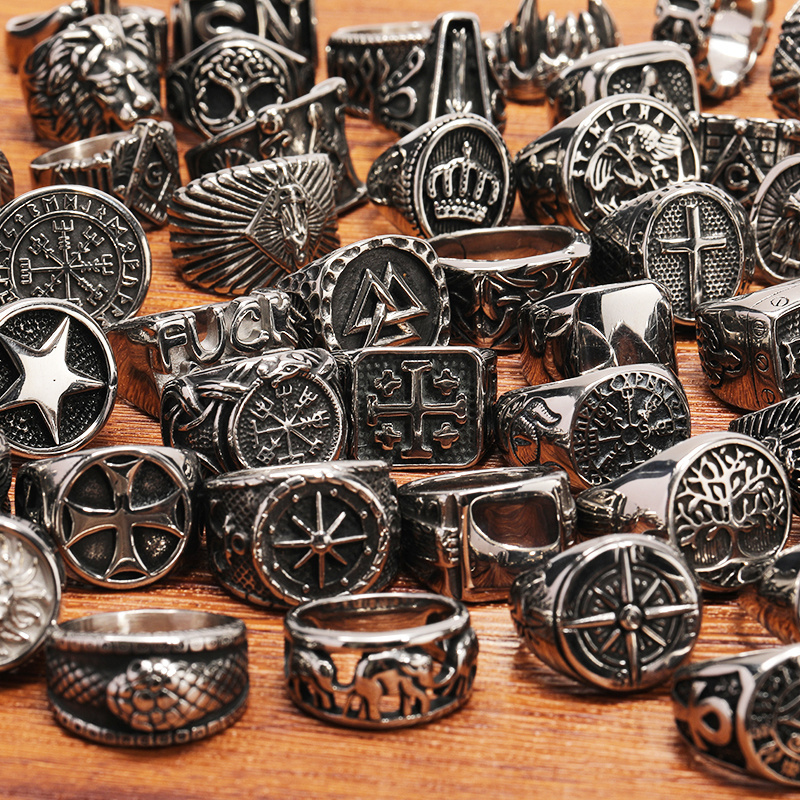 Wholesale Fashion Nordic Viking Stainless Steel Ring Chunky Anchor Rune Wolf Titanium Steel Finger Ring Jewelry Men and Women