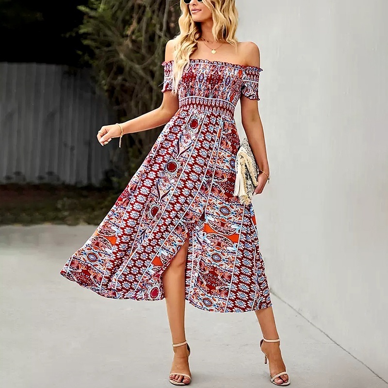 Hot Sale Off-Shoulder Bohemian Maxi Shirring Even Dress For Thailand Summer Ladies Boho Clothes Women Floral Maxi Bohemian Dress