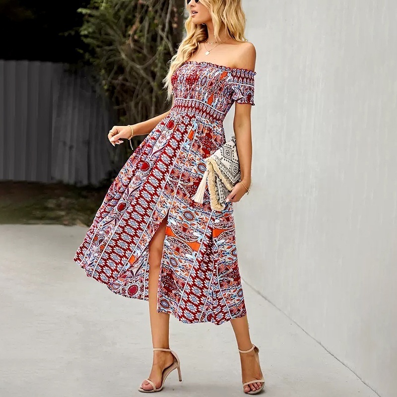 Hot Sale Off-Shoulder Bohemian Maxi Shirring Even Dress For Thailand Summer Ladies Boho Clothes Women Floral Maxi Bohemian Dress