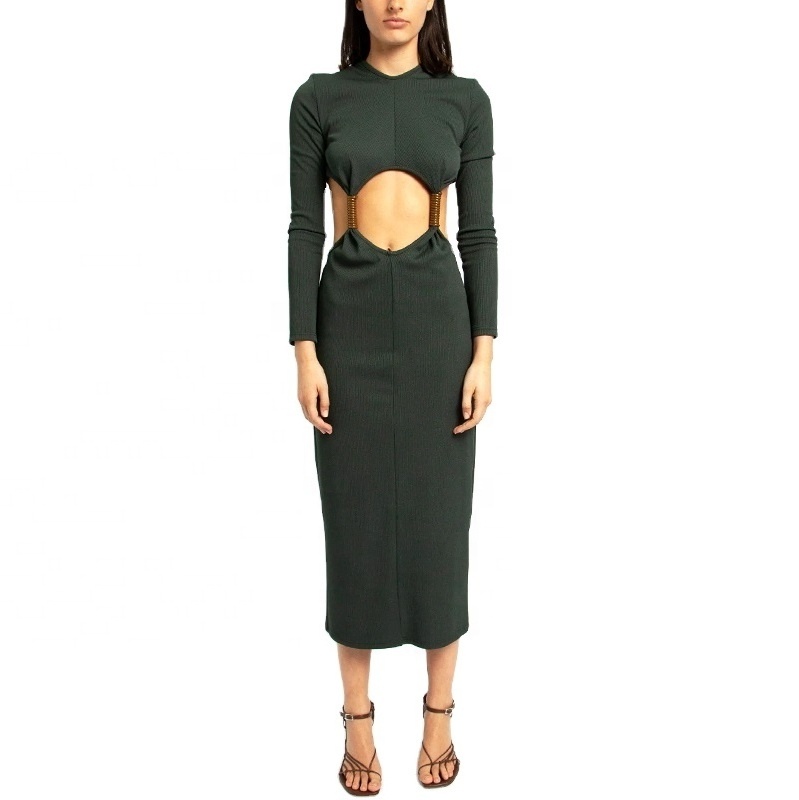 OEM FTY Ribbed Long Sleeves Mature Clubwear Sexy Hollow Cut Out Front Chest Maxi Dress Custom Design Best Clothing Manufacturers