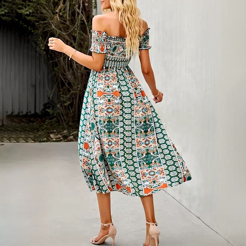 Hot Sale Off-Shoulder Bohemian Maxi Shirring Even Dress For Thailand Summer Ladies Boho Clothes Women Floral Maxi Bohemian Dress