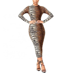 Custom OEM ODM Striped Sexy Slim Lady Multicolor Leopard Zebra Animal Print Bodycon Casual Dress Sexy