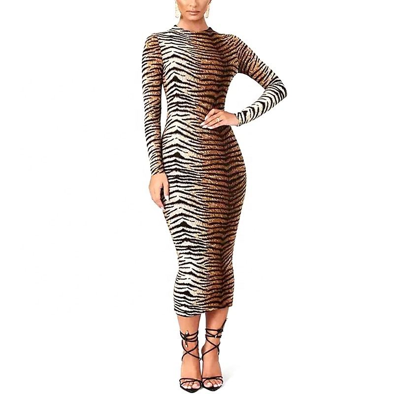 Custom OEM ODM Striped Sexy Slim Lady Multicolor Leopard Zebra Animal Print Bodycon Casual Dress Sexy