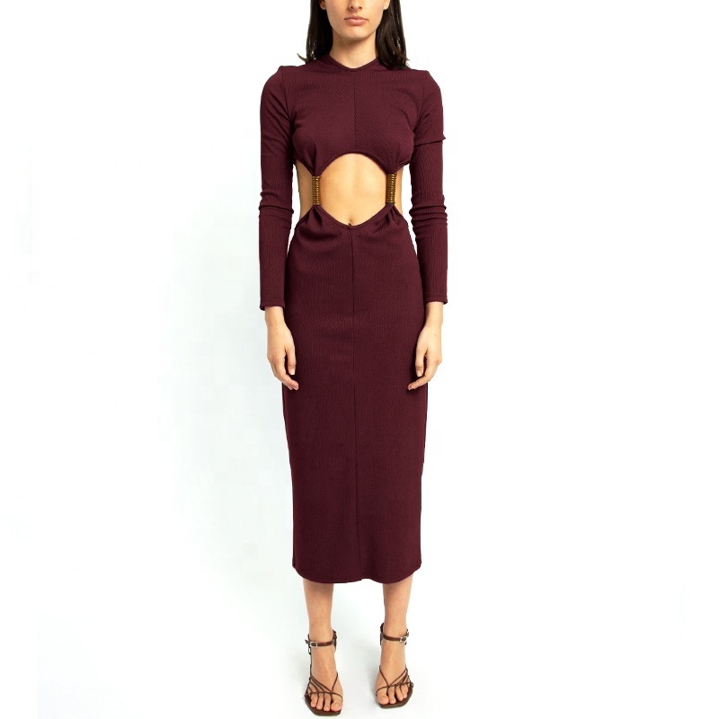 OEM FTY Ribbed Long Sleeves Mature Clubwear Sexy Hollow Cut Out Front Chest Maxi Dress Custom Design Best Clothing Manufacturers