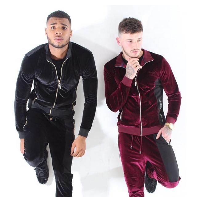 New stylish plain cotton velour sweatsuit custom velvet tracksuit men