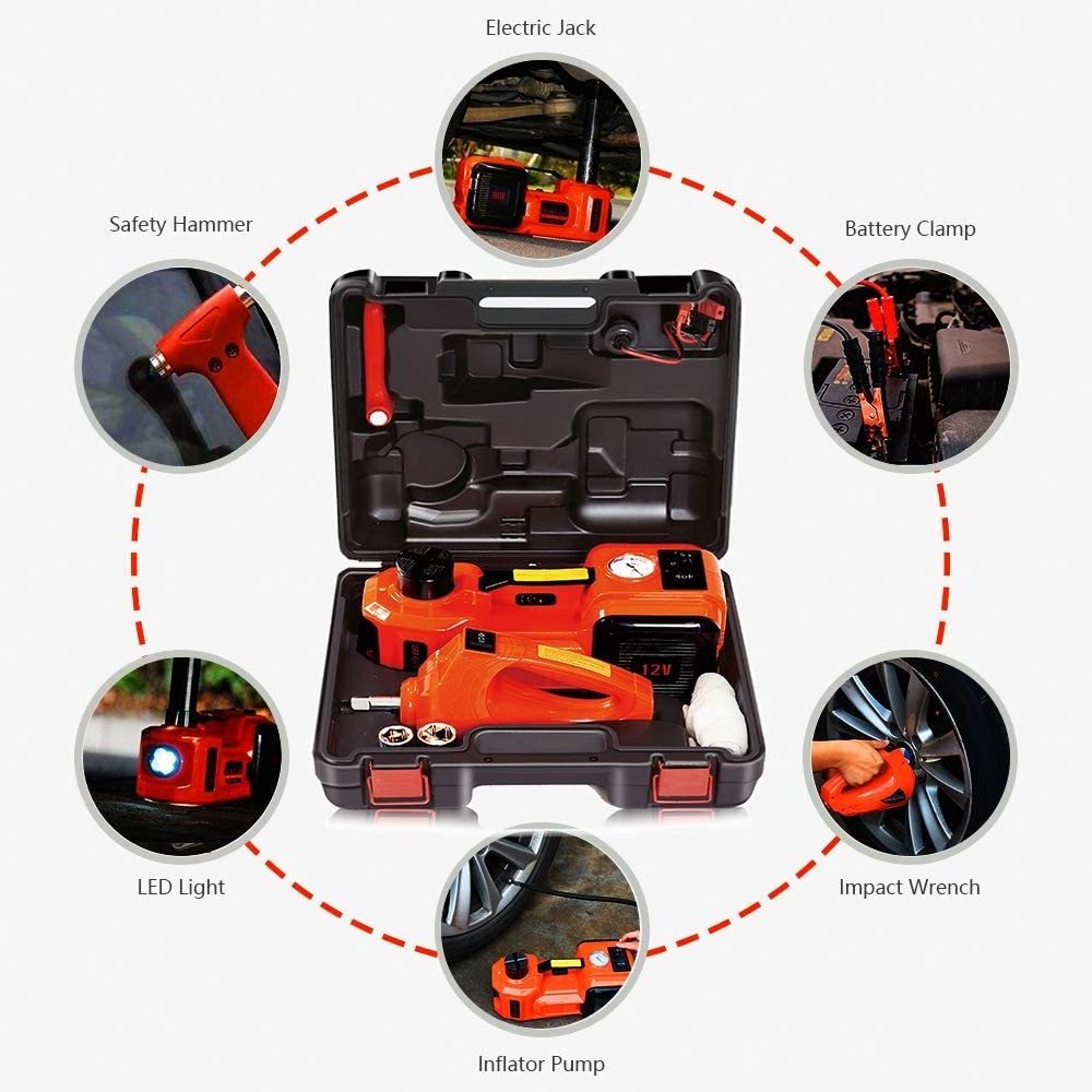 AtliFix Car Repair 12V DC 3 in 1 Tire Inflator and Flashlight with Electric Impact Wrench 5T Electric Hydraulic car Floor Jack