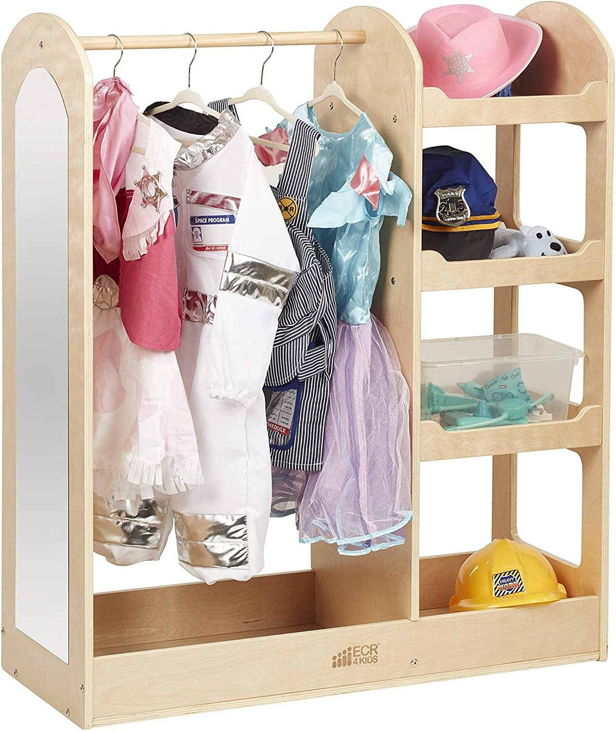 Kids Birch Dress Up Center, Dramatic Play Storage Closet with Mirrors, Kids Montessori Wardrobe, Clothing and Costume Organizer