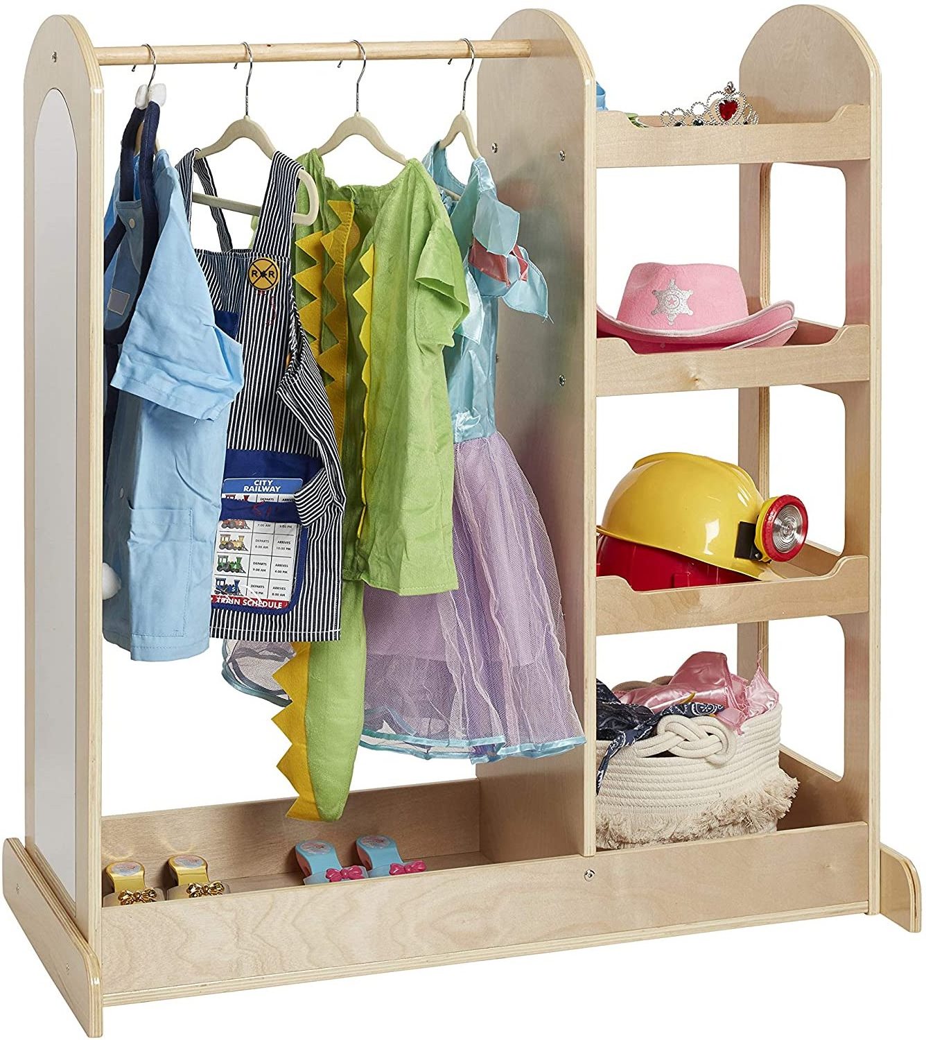 Kids Birch Dress Up Center, Dramatic Play Storage Closet with Mirrors, Kids Montessori Wardrobe, Clothing and Costume Organizer