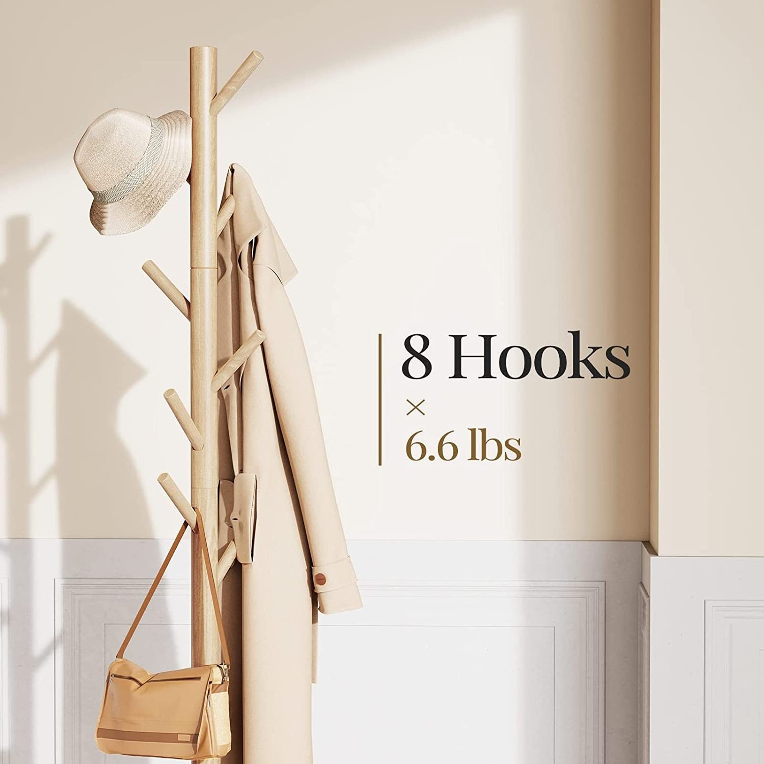 Wooden Coat Rack Sturdy Wooden Coat Rack Stand Adjustable Height Coat Tree Standing Tree Hanger with 4 Sections & 8 Hooks