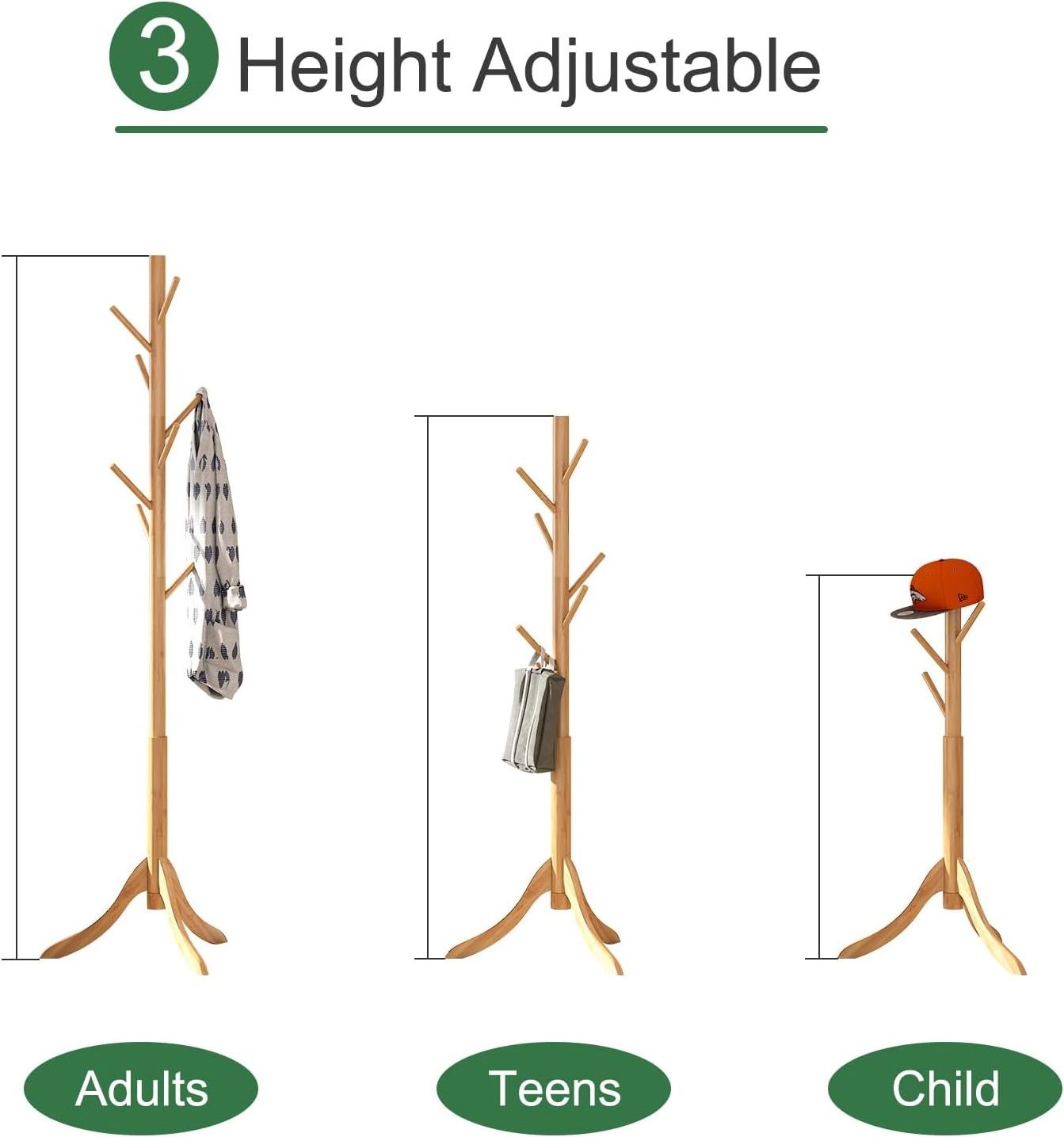 Wooden Coat Rack with 8 Hooks Standing Adjustable Height Coat Wooden Coat Rack Sturdy Tree Standing Tree Hange