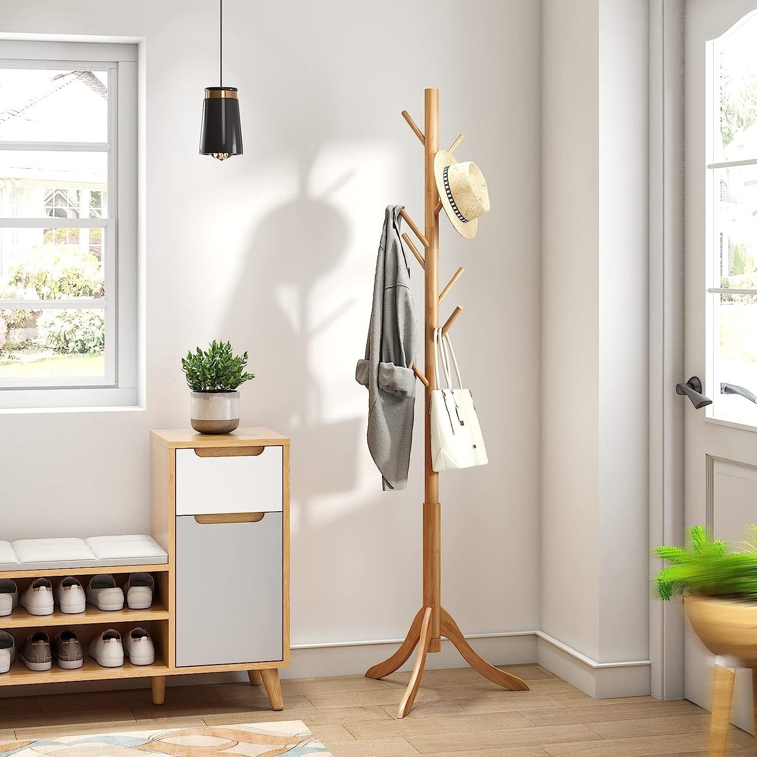 Wooden Coat Rack with 8 Hooks Standing Adjustable Height Coat Wooden Coat Rack Sturdy Tree Standing Tree Hange