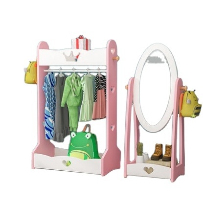 Dress Up Cubby Center   Wooden Armoire with Mirror  Clothing Rack & Side Hooks   Toy Storage and Costumes Organizer for Kids