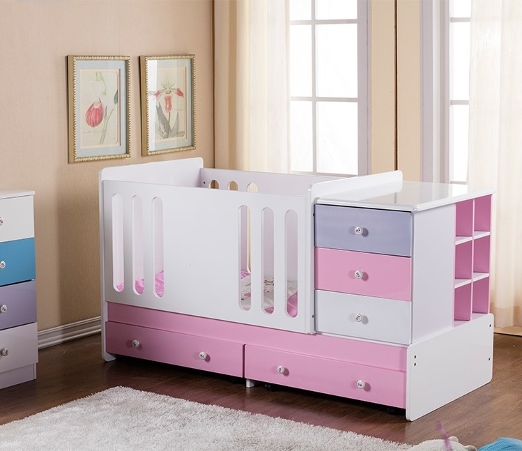 Pink MDF Multifunction Wooden 3 in 1 Convertible Baby Crib Toddler Bed With Changing Table