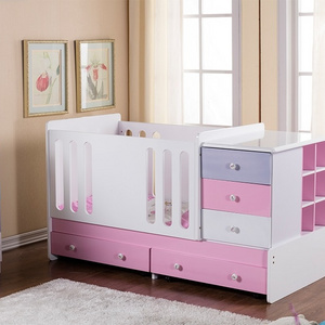 Pink MDF Multifunction Wooden 3 in 1 Convertible Baby Crib Toddler Bed With Changing Table