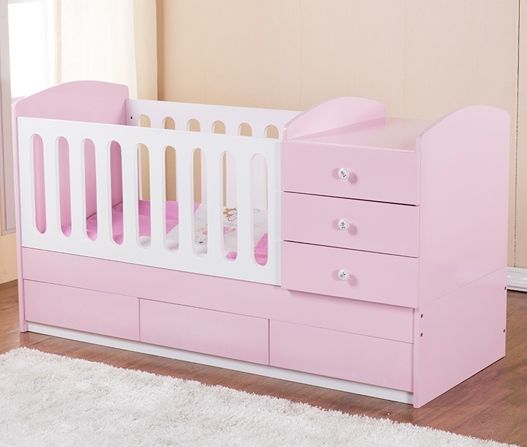 Pink MDF Multifunction Wooden 3 in 1 Convertible Baby Crib Toddler Bed With Changing Table