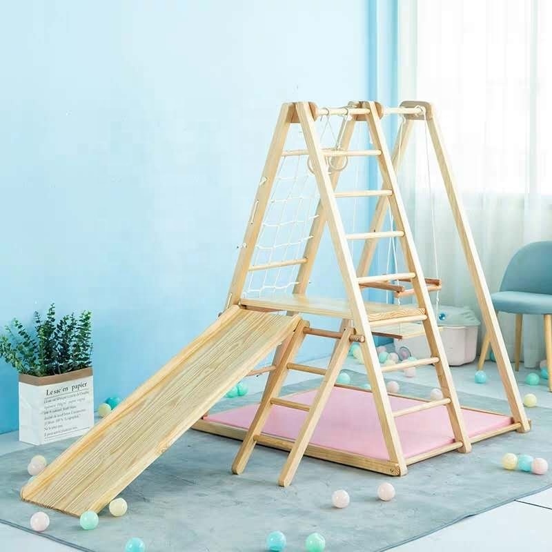 Children indoor slide with wooden climbing frame and swing for Kids indoor slide