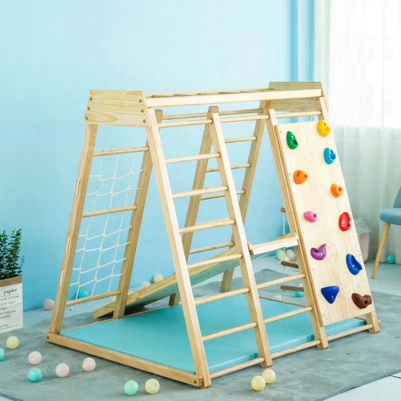 Children indoor slide with wooden climbing frame and swing for Kids indoor slide