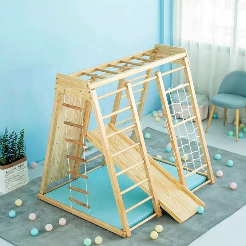 Children indoor slide with wooden climbing frame and swing for Kids indoor slide